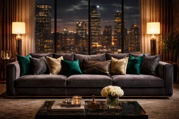 A full view of an ultra-luxurious sofa styled with layered premium cushions in a modern designer living room.