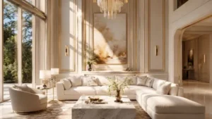 Luxury modern living room featuring a pristine white sectional sofa with elegant gold accents and a marble coffee table.