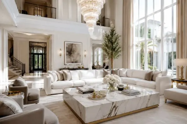 Ultra-luxury bright living room with a premium white sofa and modern decor.