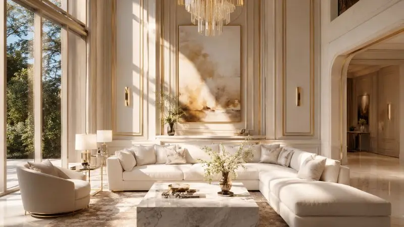 Luxury modern living room featuring a pristine white sectional sofa with elegant gold accents and a marble coffee table.