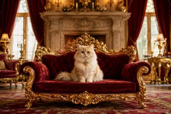 "Luxury royal maroon velvet cat sofa in front of a palace fireplace"