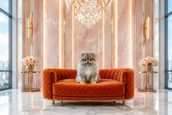 Luxury orange velvet dog sofa bed with a grey pomeranian puppy