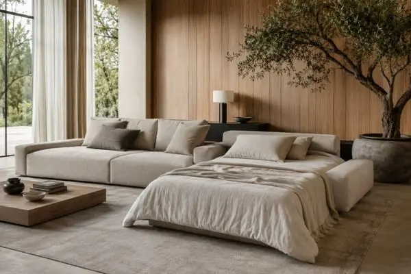 Trending modular multi-functional seating extended into a sleek bed in a modern neutral tone living room