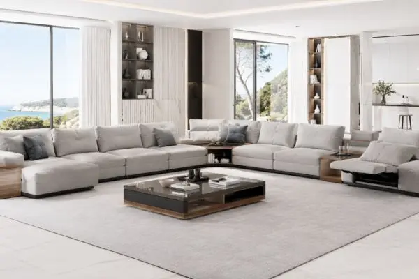 Luxury light grey modular large sofa with recliner and sectional design