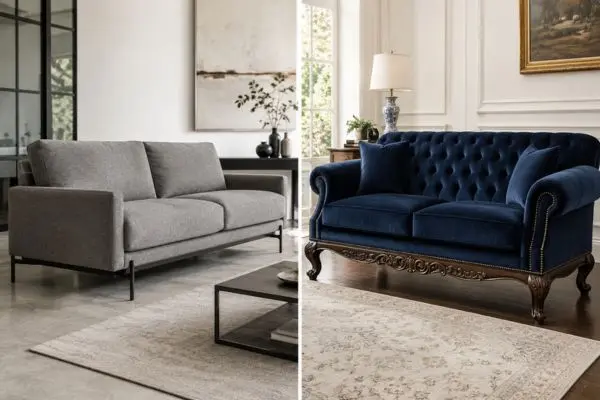 Comparison of a modern grey sofa with sleek metal supports and a traditional blue velvet sofa with carved wooden bases.