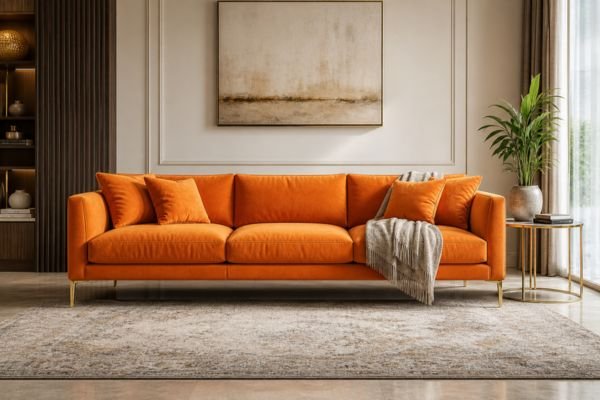 Clean and well-maintained seating area with a decorative throw and soft sunlight.