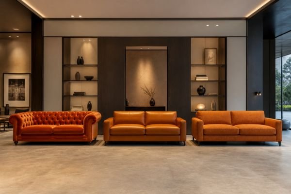 Close-up of premium velvet, leather, and linen upholstery textures in a furniture showroom.