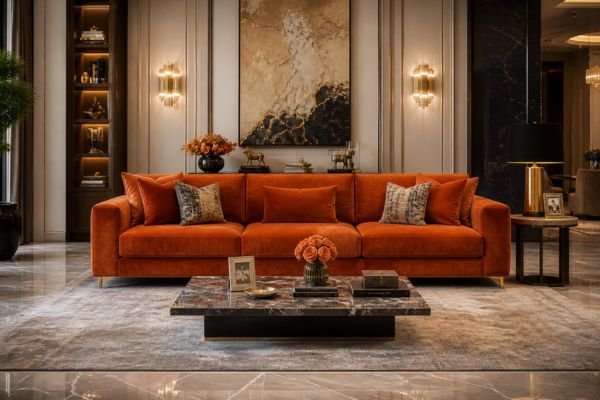 A grand luxury living room featuring a full view of a vibrant orange sofa to illustrate pros and cons.