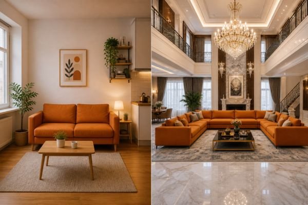 Full view comparison of a compact orange sofa in a small room and a large sectional sofa in a luxury grand hall.
