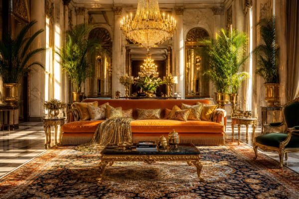 Grand luxury living room styling with an orange sofa, gold chandelier, and Persian rug.