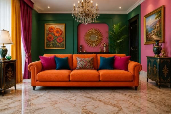 Interior design mistakes featuring clashing wall colors and oversized furniture.