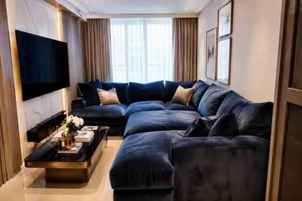 Cramped room layout with oversized furniture blocking window