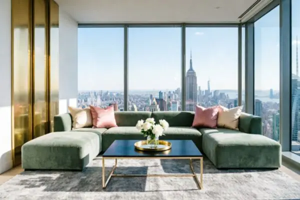 Modern luxury sage green sectional sofa in New York penthouse with pink cushions