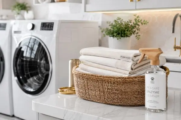 Pet safe enzyme cleaner bottle and fresh washed blankets in laundry room