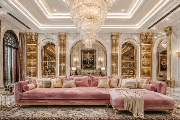 Blush pink velvet seating with gold cushions in a bright luxury hall