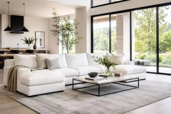 A popular modern white sofa in a bright and peaceful living room setup.