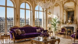 Classic luxury living room featuring a royal purple sofa set in a palace interior