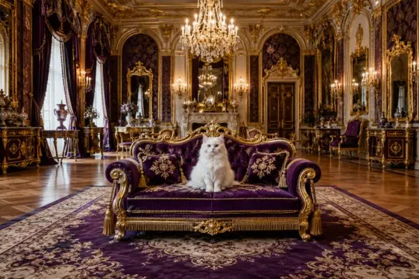 Majestic purple and gold pet throne in a palace
