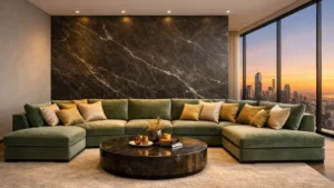 Luxury sage green sofa in a modern penthouse living room with city skyline view