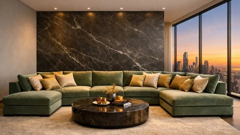Luxury sage green sofa in a modern penthouse living room with city skyline view