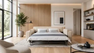 Modern luxury sofa cum bed with light wood slats background in bright living room
