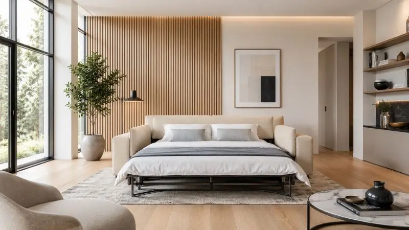 Modern luxury sofa cum bed with light wood slats background in bright living room
