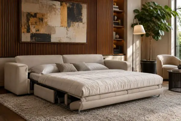 Modern luxury sofa cum bed extended into a comfortable bed with wooden panel background