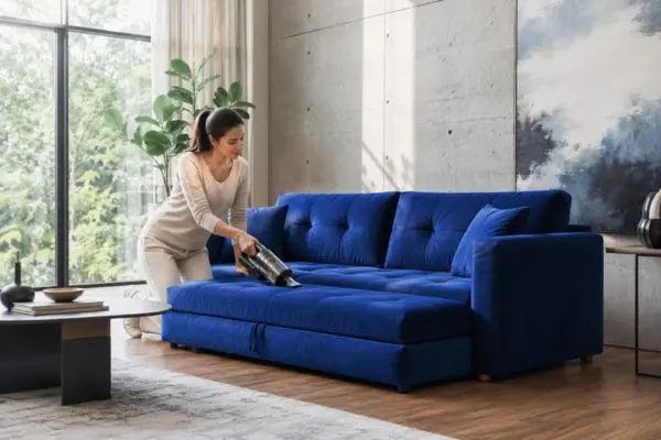 A woman cleaning a luxury royal blue velvet lounge couch with a handheld vacuum