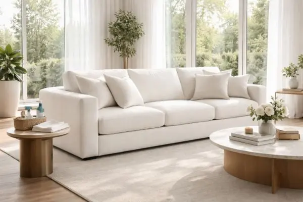 A pristine white luxury sofa in a bright modern living room showing perfect home care.