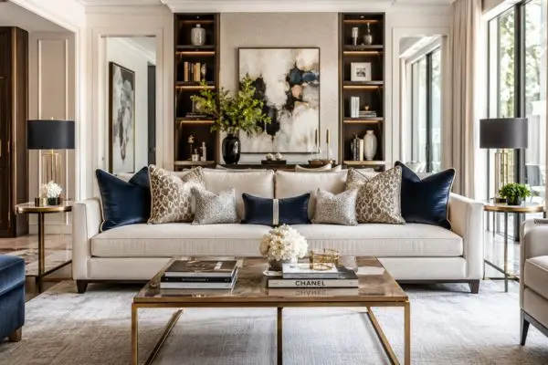 A sophisticated interior design featuring a large cream seating setup with navy blue and patterned accents.
