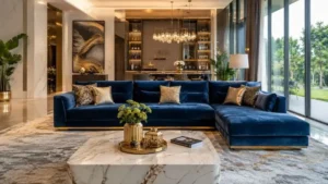A luxurious deep blue velvet sofa styled with premium gold and textured sofa cushions in a modern living room.
