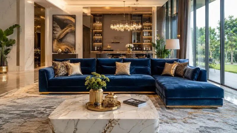 A luxurious deep blue velvet sofa styled with premium gold and textured sofa cushions in a modern living room.