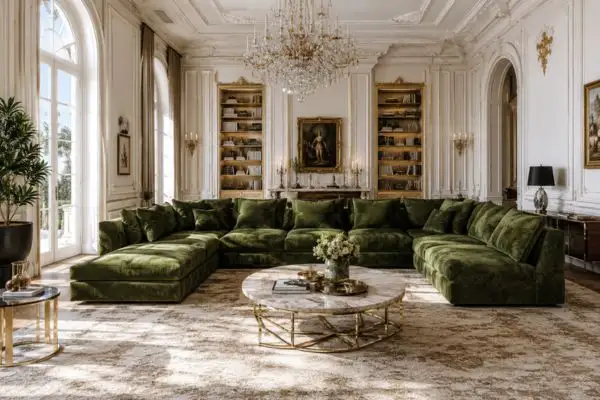 A grand luxury classic living room with white detailed walls, a massive crystal chandelier, and large deep green seating arranged on a textured rug.