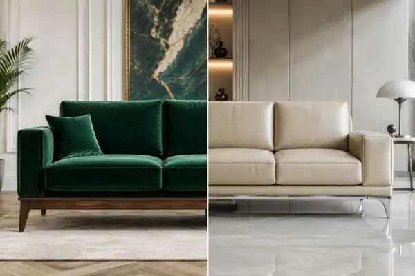 Comparison of a green velvet sofa with wooden base legs and a cream leather sofa with chrome metal legs.