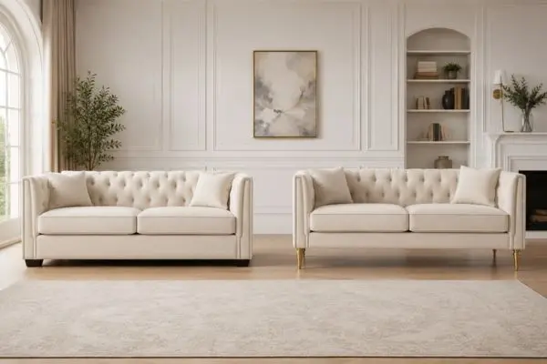 Comparison of a luxury cream sofa with old block legs and new gold spindle legs.