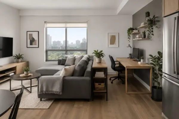 Small sectional sofa dividing living room and home office in a studio apartment