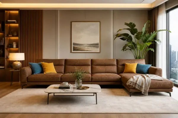 Interior design inspiration with colorful cushions and plants