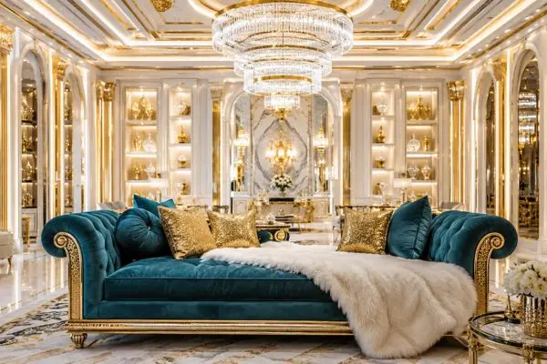 Teal velvet seating with gold cushions and white blanket