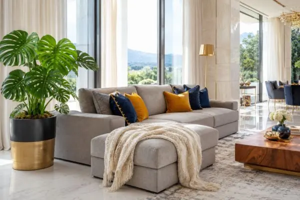 Modern grey sofa styled with navy mustard cushions and a large monstera plant in a luxury room.