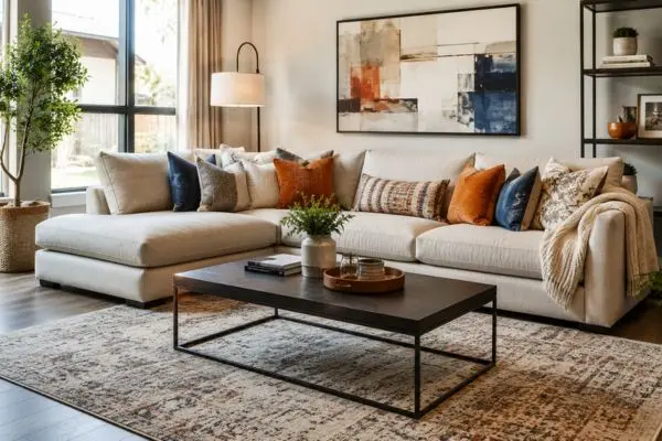 Modern living room decor with coffee table and rug