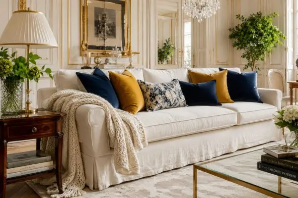 A bright luxury Parisian classic living room featuring a cream linen couch styled with navy blue and mustard yellow velvet cushions next to wooden furniture