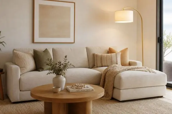 Styled small sectional sofa with cushions, rug, and coffee table