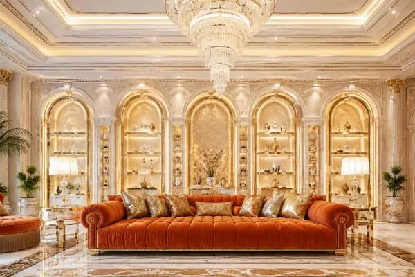 Terracotta orange velvet seating with gold cushions in a bright luxury hall