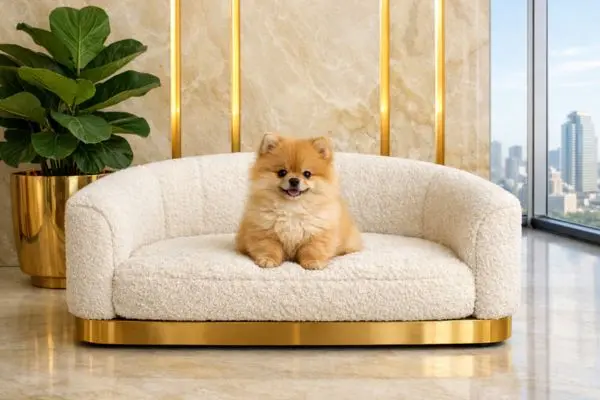 A centered view of a luxury cream bouclé dog sofa bed with a fluffy brown Pomeranian puppy in a bright penthouse