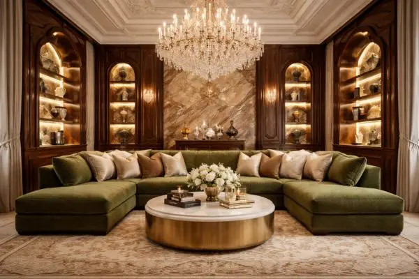 A heavy luxury classic living room setup with an olive green sofa, gold accents, and warm beige wall decor.