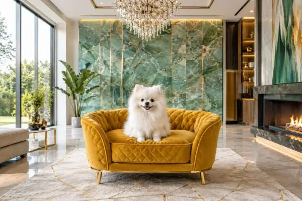 Luxury mustard yellow velvet pet couch with a fluffy white puppy in a bright room