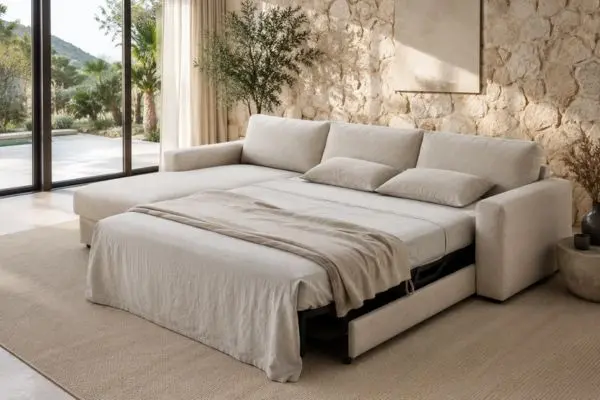 Premium L-shaped convertible sectional pulled out into a comfortable bed in a luxury living room