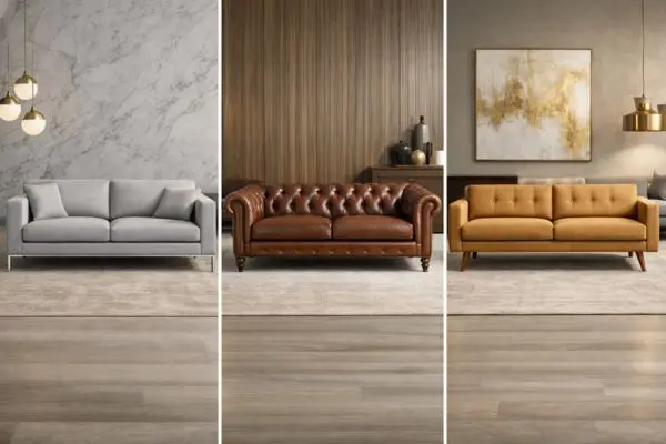 Three luxury sofas in a row featuring distinct support styles: classic wooden turned, modern straight metal, and splayed designs.