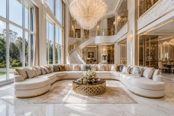Magnificent cream sectional sofa in a grand luxury showroom with marble stairs and crystal chandelier