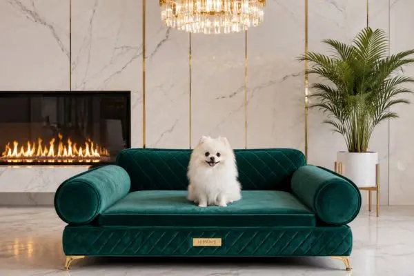 A complete view of a luxury emerald green velvet dog sofa bed in a modern bright living room penthouse